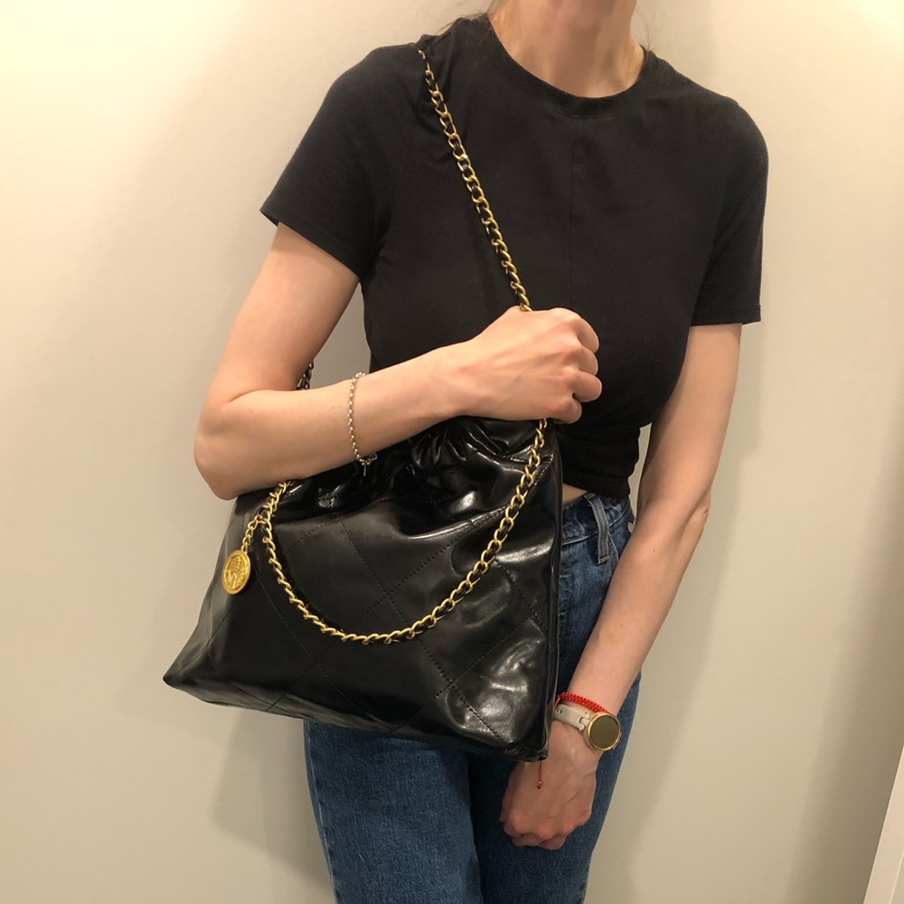 Black Quilted Shoulder Bag with Gold Chain Strap - Picture 8 of 8